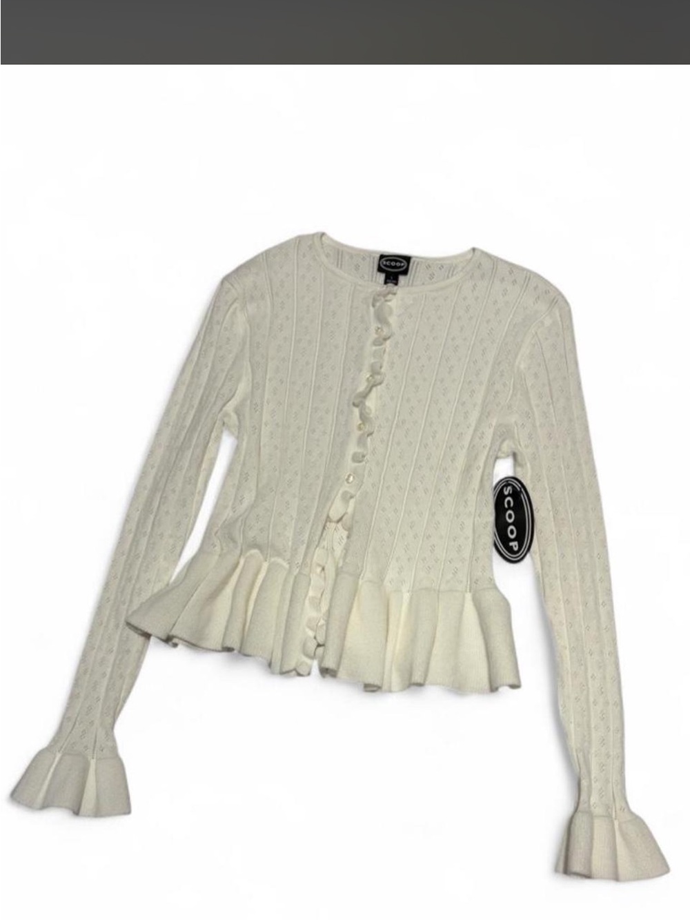 Ivory Ruffle-Hem Cable Knit Cardigan Sweater - Picture 6 of 6